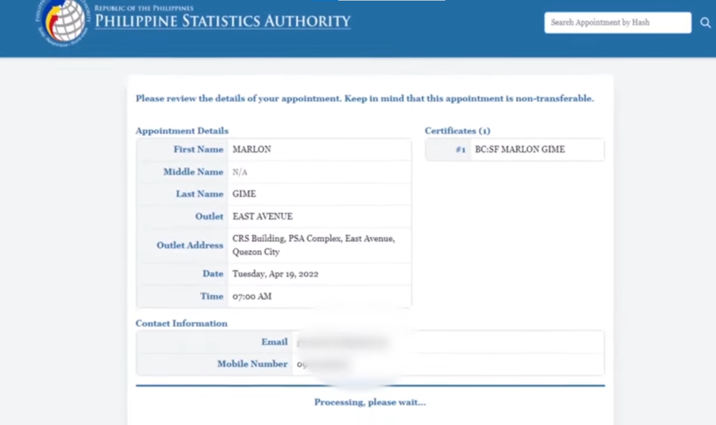 PSA Appointment CENOMAR Step-By-Step inter the personal data.