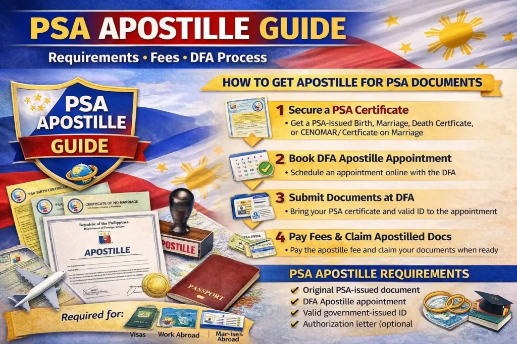 PSA Apostille Guide: Requirements, Fees, Process, and DFA Steps in the Philippines 1 PSA apostille guide infographic showing DFA process, requirements, and fees