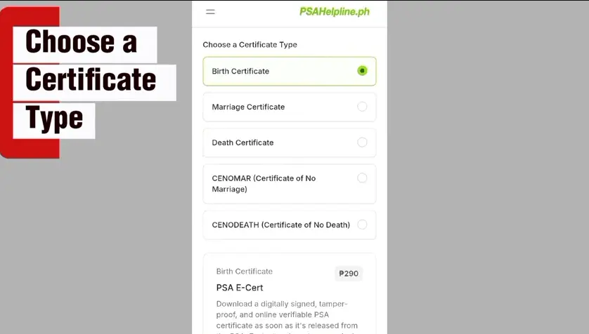 PSA E-Certificate Philippines 2026: Complete Guide to Online Application, Fees, Requirements, Download & Validity 2 PSA E- Certificte Select document to apply for